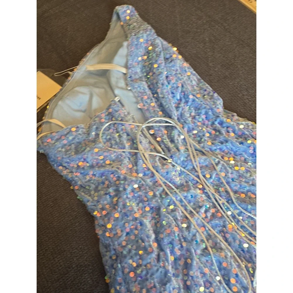 Sequin One Shoulder Mini Dress Blue Iridescent Homecoming Prom Party Women Small